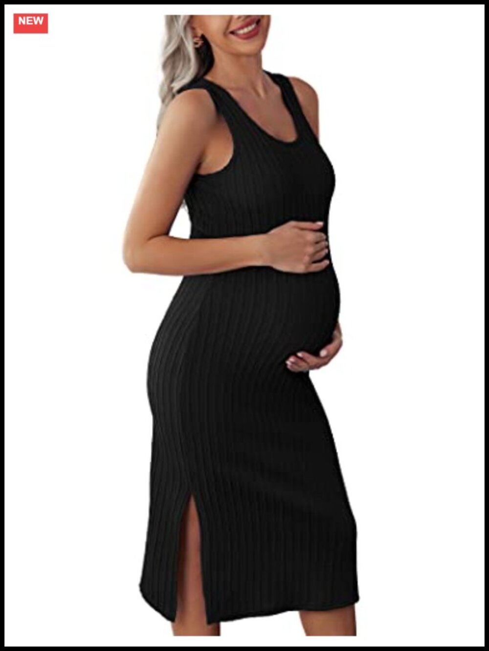 Rib Knit Maternity Dress Sleeveless Side Slit Knee Length Bodycon